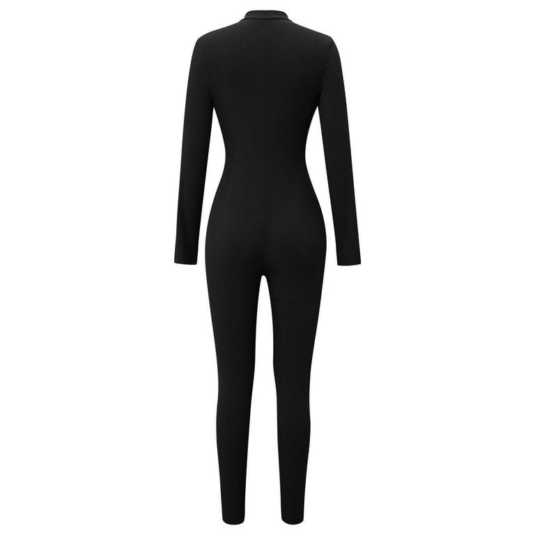 Solid Black Bodysuit Workout Jumpsuit Zipper Turtle Neck Women Clothing Gym  Booty Shaping Playsuit Plain Simple Minimalistic Wear 
