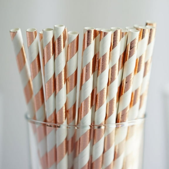 BalsaCircle 25 Pieces 8" Rose Gold White Striped Paper Straws Disposable Party Event Picnic
