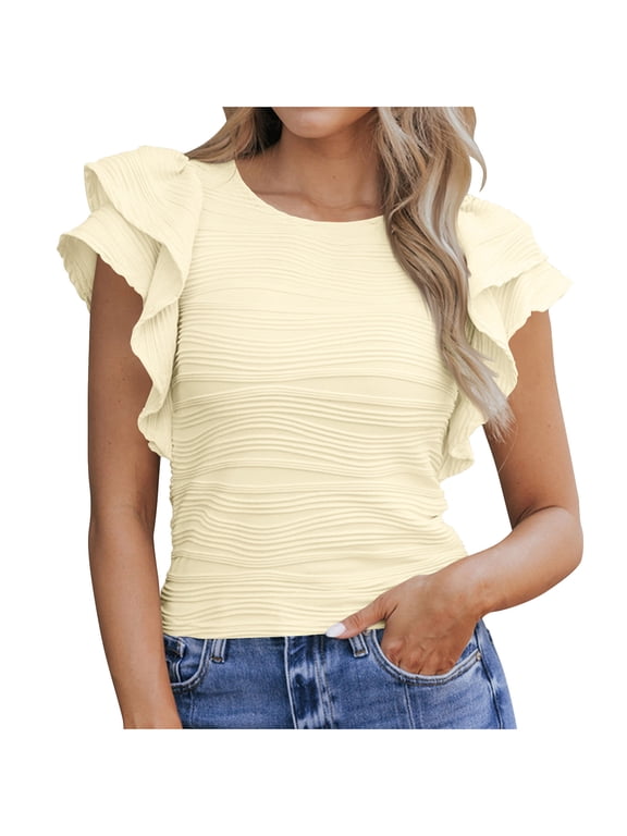 Womens Tops Ruffle Short Sleeve Crewneck Shirts Solid Casual Loose Babydoll Blouses