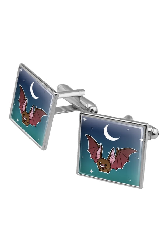 Cute Bat Cartoon Flying at Night Square Cufflink Set - Silver or Gold