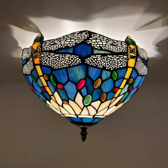 Tiffany 12-Light Ceiling Light Fixture with Blue Stained Glass Dragonfly LED Bulbs