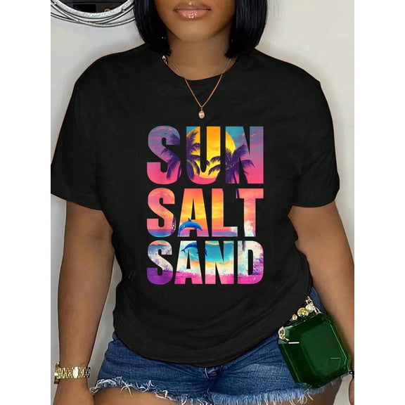 Sun Salt Sand Summer Beach Vibes Family Vacation Retro Funny T-Shirt Graphic Tee summer Tops For Women Round Neck Fashion Cotton shirts