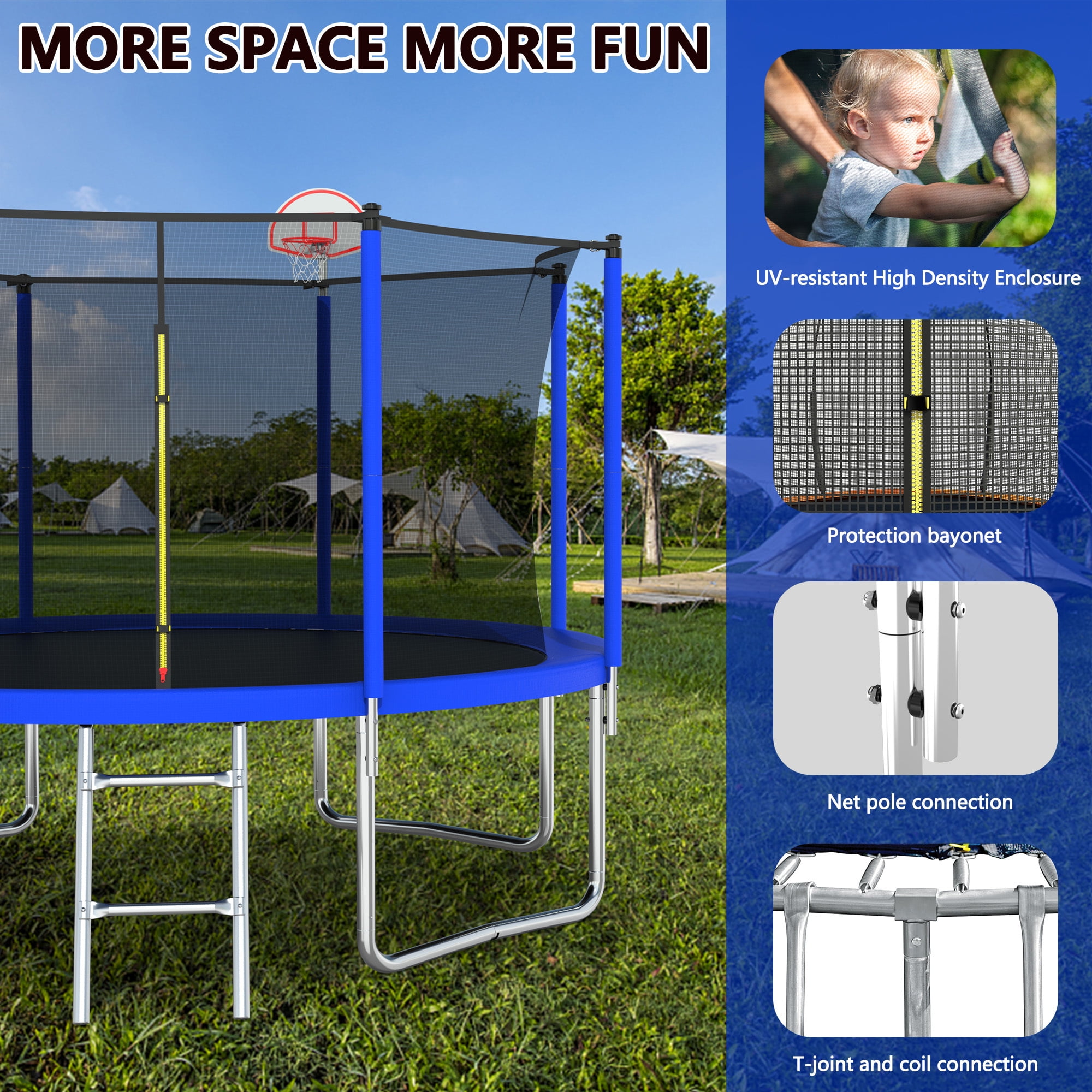 12FT Trampoline for Kids,Outdoor Trampoline with Basketball Hoop,Recreational Trampoline with Safety Enclosure Net,Blue