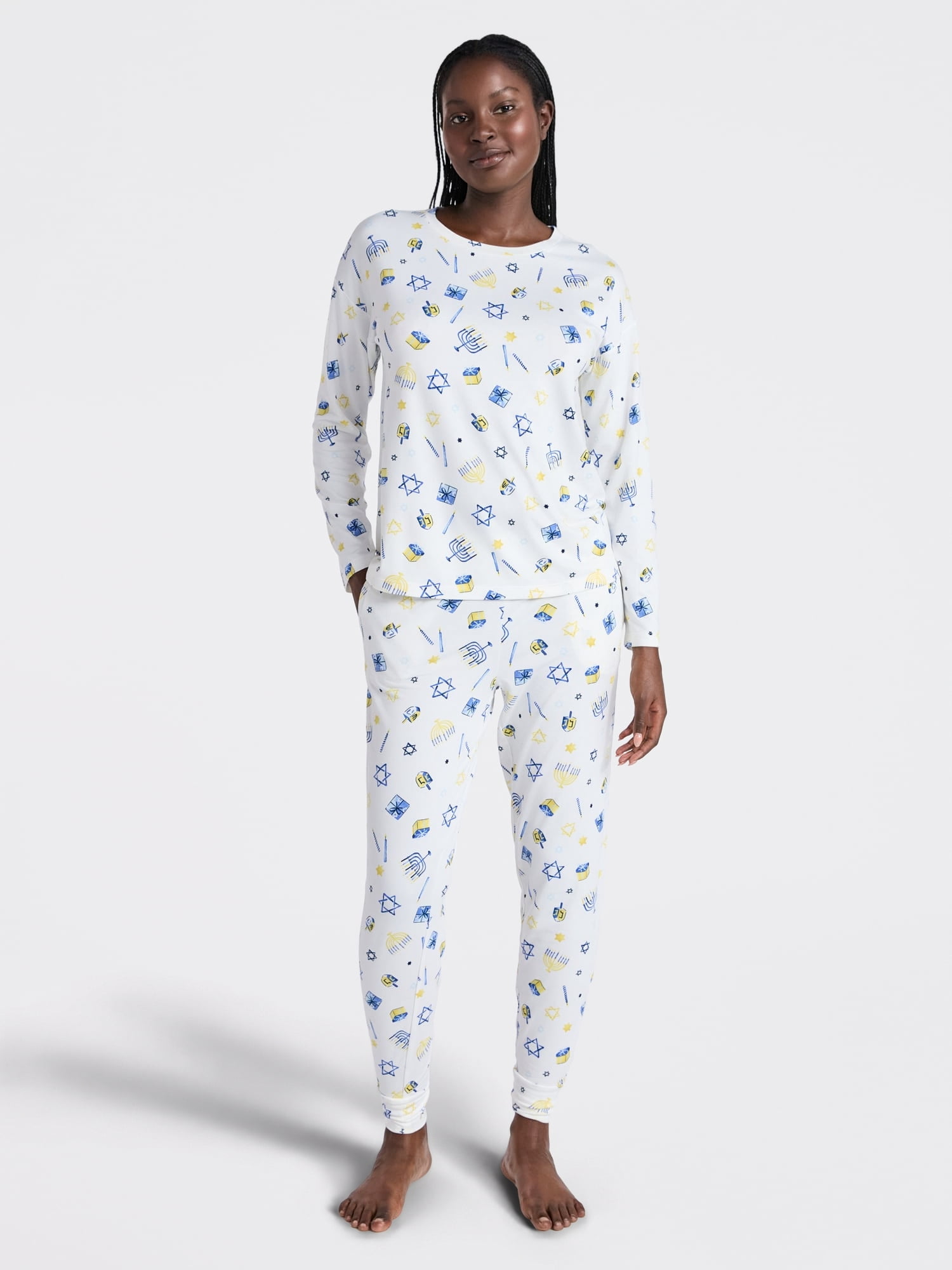 Joyspun Women's Hanukkah Long Sleeve Top and Jogger Pants Pajama Set, 2-Piece, Sizes XS-3X