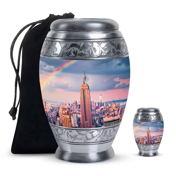 Empire State Building Tiny Urn For Ashes For Mom And Dad - Burial Large Urns For Men And Women - Handmade Memorial Gifts For Decorative Combo 10Inch 200Lbs And 3Inch Keepsake Urn