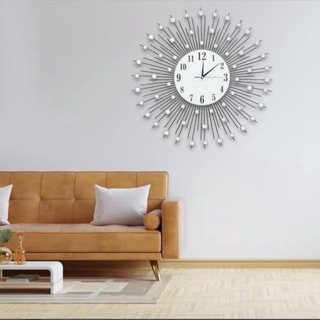 Modern 3D Crystal Flower Shape Wall Clock,23.62in Vintage Metal Silver Mirror Sparkling Bling Diamond-Studded Round Digital Wall Decor Clock Housewarming Gift for Living Room Bedroom Office Hotel