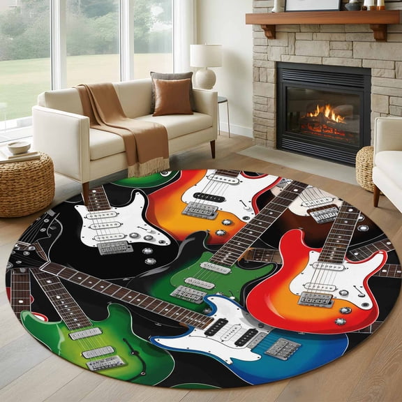 Guitar Round Area Rug 7Ft Washable Circle Rugs for Dorm Laundry Room, Cartoon Modern Colorful Guitars Non-Slip Carpet Floor Mats Indoor Outdoor Carpet Runner Aesthetic Home Decor