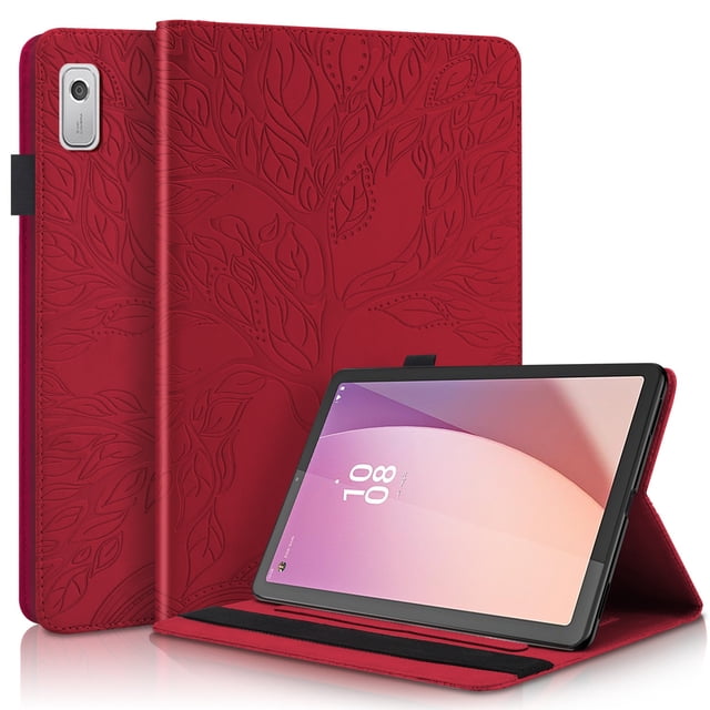 Tree of Life Embossed Case for Lenovo Tab m9 Stand, Card Slots, Stylus Loop Red