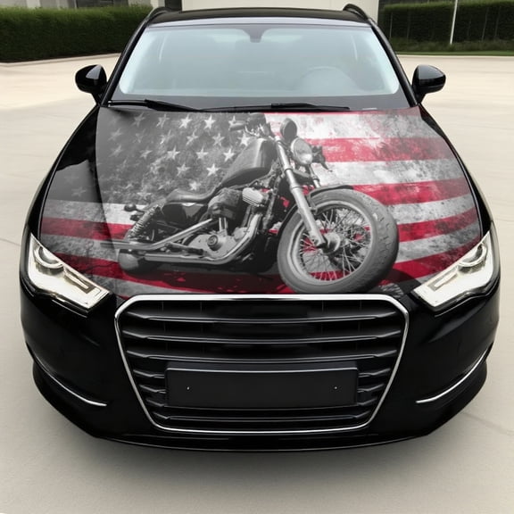 Vintage American Flag Motorcycle & Car Vinyl Wrap - Heavy-Duty PVC Waterproof Self-Adhesive Scratch-Resistant Hood Sticker with Glossy Finish, Fit for Cars, Trucks, SUVs - Motorcycle-Themed Decoratio