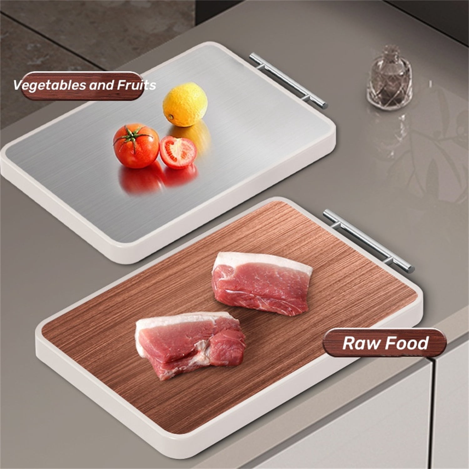 Dingrich Double-Sided Cutting Board for Kitchen, 15x10inch Chopping Board with Non-Slip Suspension Handle, Ebony Wood and Stainless Steel Sides for Cutting Diverse Ingredients, 1 Pack