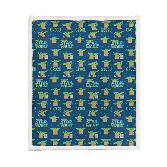 Baby Yoda Starry Child Sherpa Back Throw Blanket, 60" x 90", Microfiber, Blue, Star Wars
