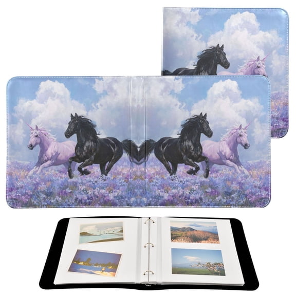 PU Leather Photo Album with Self-Adhesive Pages Scrapbook DIY Picture Holds 20 Sheets Black Horse and Pink Unicorn