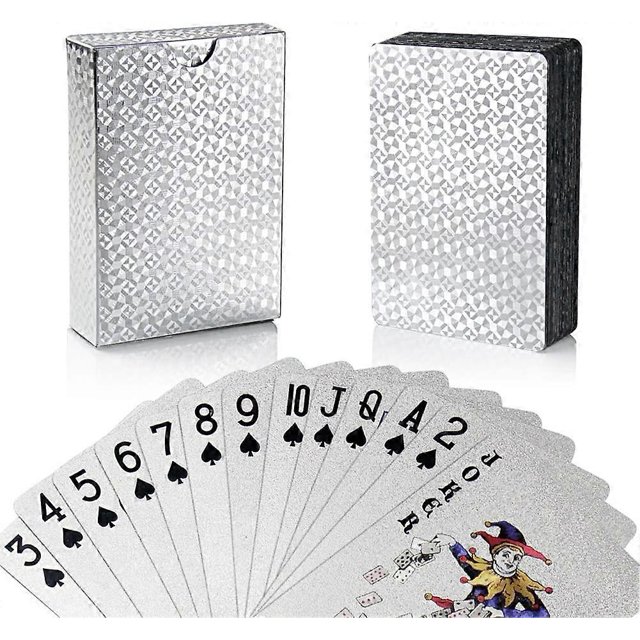 Cartas de póker plateadas, resistentes al agua, con caja de regalo, perfectas para fiestas y juegos.