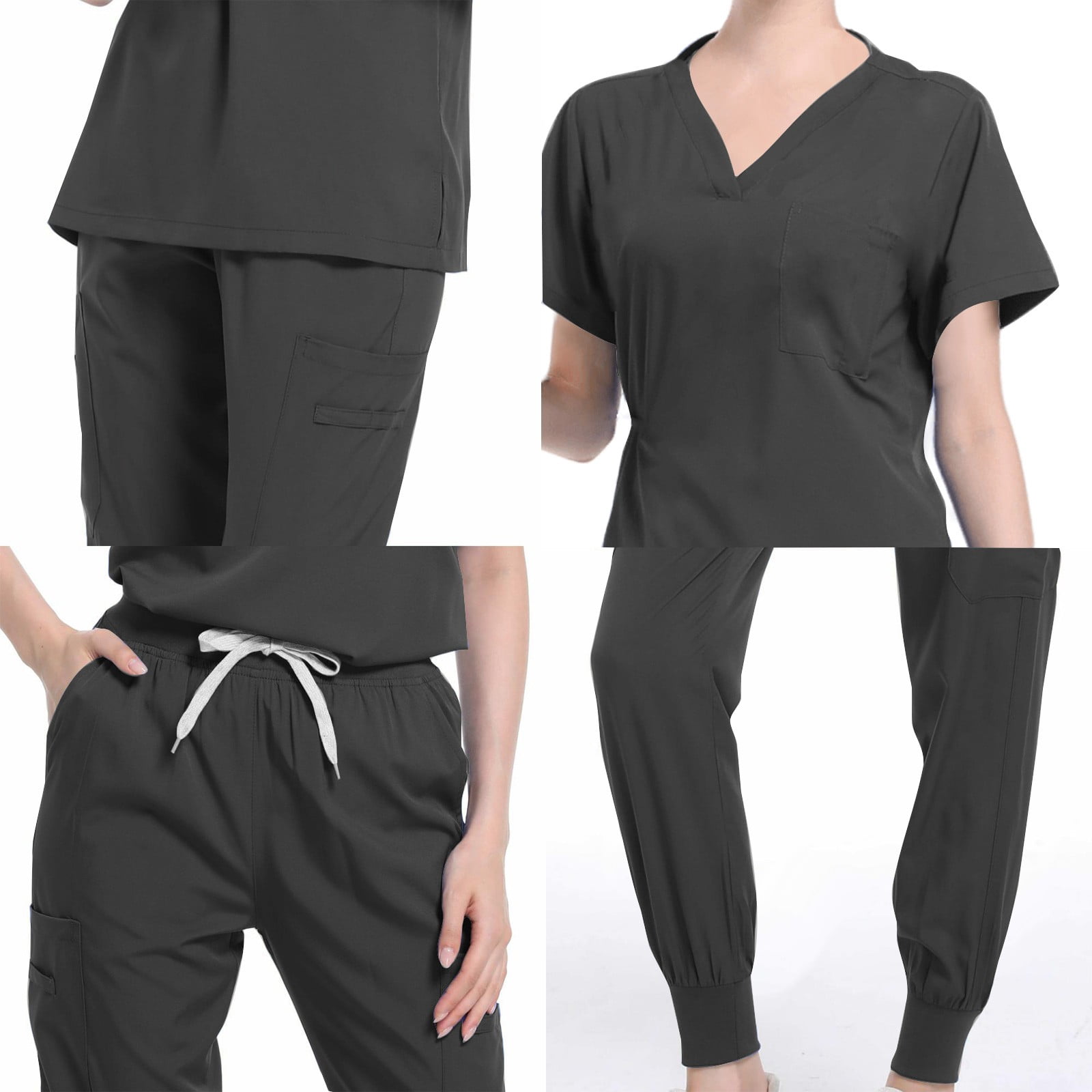 qolati Scrub Sets for woman 2024 Essential Jogger Scrub Suits Sets Nursing Uniform Stretch V-Neck Top & Drawstring Cargo Pants with Pockets Black XL 10