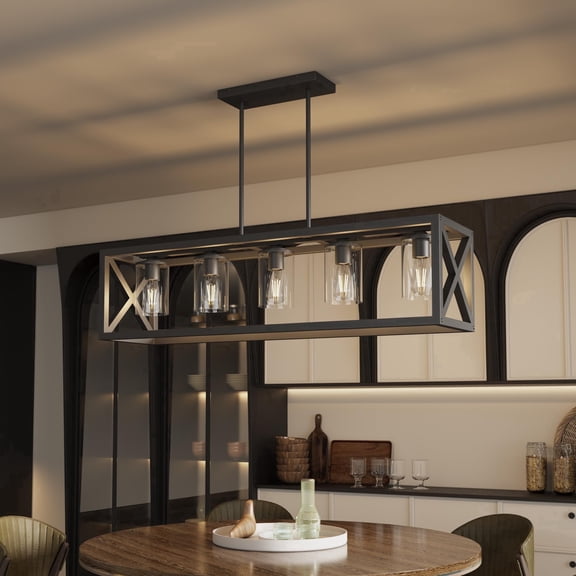 5 Light Farmhouse Chandeliers for Dining Room&Kitchen Island with Adjustable Height & Thickened Metal Dining Room Light Fixture Over Table,Black