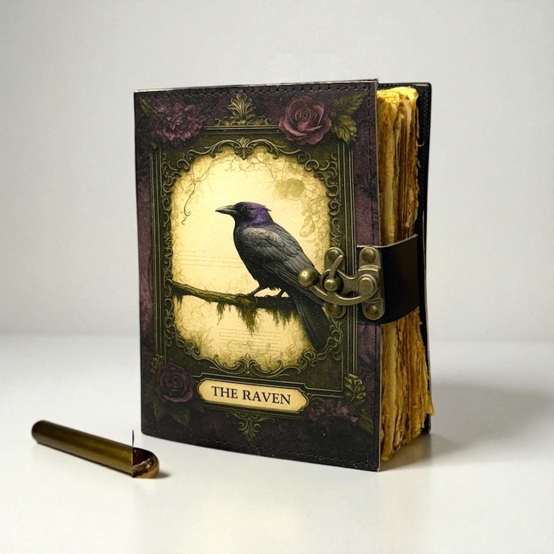 Handmade Leather Journal with Vintage Crow Artwork – 5x7 inch Notebook, 200 Handmade Papers, Antique Lock, Sketchbook & Gift Journal