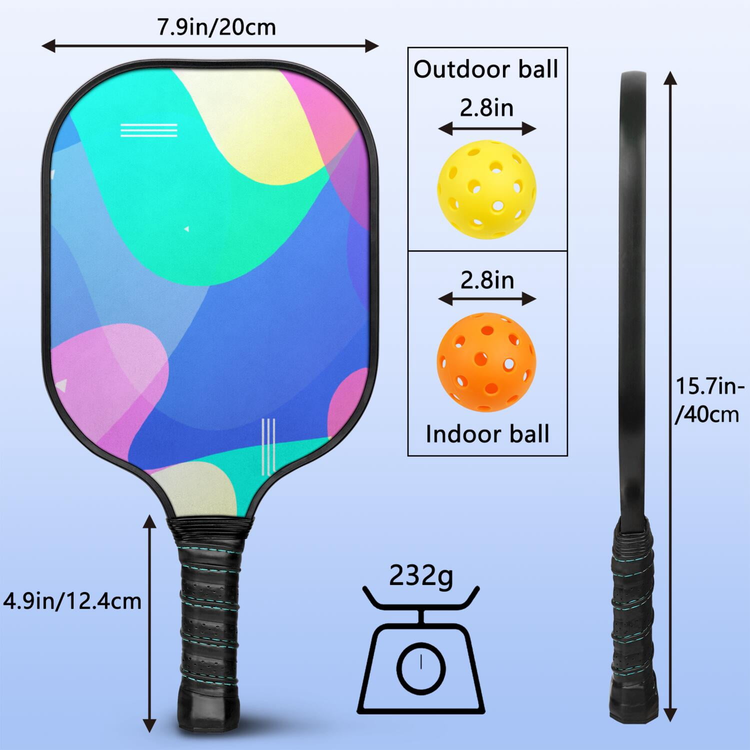 Pickleball Paddles Set Of 1, Fiberglass Surface, Neon Fluid Print, 1 Paddle, 2 Balls & Bag