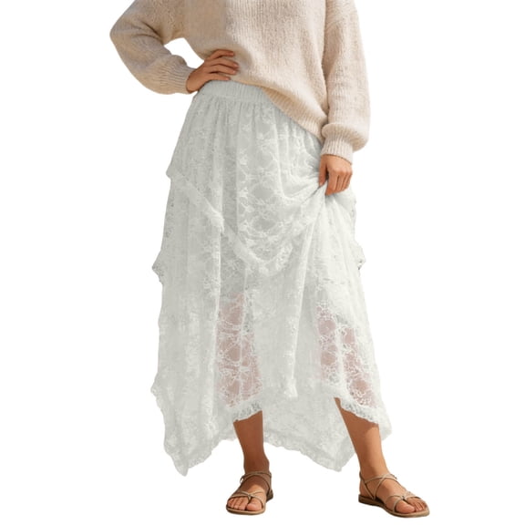 Arlun Womens Lace Long Skirts Elastic Asymmetrical Layered Hem Fashionable See-Through Flowy Skirts Floral Beach Holiday Maxi Skirt White XL