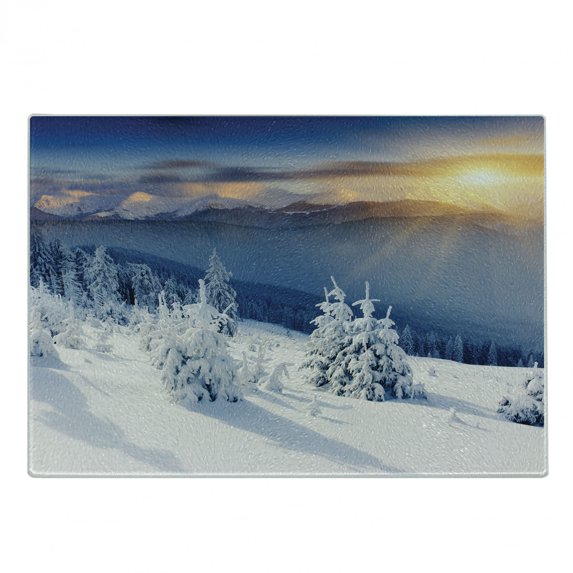 Winter Cutting Board, Disappearance of Sunrise in Mountain Tops Dramatic Sky Alpine, Decorative Tempered Glass Cutting and Serving Board, Small Size, White Blue Apricot, by Ambesonne