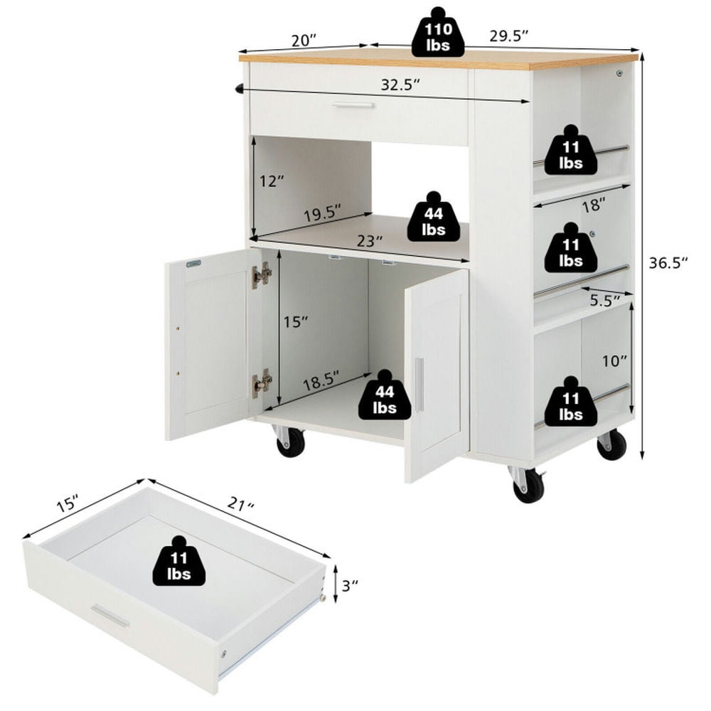Finihen Rolling Cart, Kitchen Island Cart, Rolling Kitchen Trolley with 3 Spice Racks Drawer and Open Shelf, for Kitchen, Dining Room, White Finihen Rolling Cart, Kitchen Island Cart, Rolling Kitchen Trolley with 3 Spice Racks Drawer and Open Shelf, for Kitchen, Dining Room, White