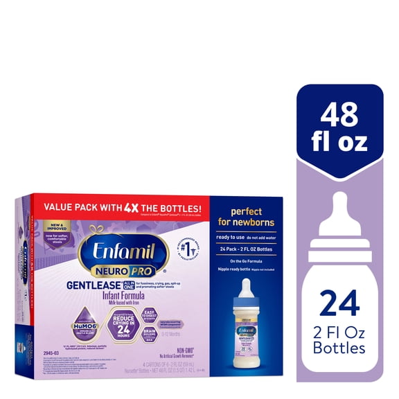 Enfamil NeuroPro Gentlease Infant Formula - Brain Building Nutrition, Clinically Proven to reduce fussiness, gas, crying in 24 hours - Ready to Use Liquid Nursette Bottles, 2 fl oz, 24ct