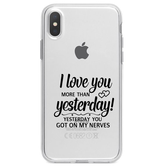 DistinctInk Clear Shockproof Hybrid Case for iPhone XR (6.1" Screen) - TPU Bumper Acrylic Back Tempered Glass Screen Protector - I Love You More Than Yesterday, Got On My Nerves