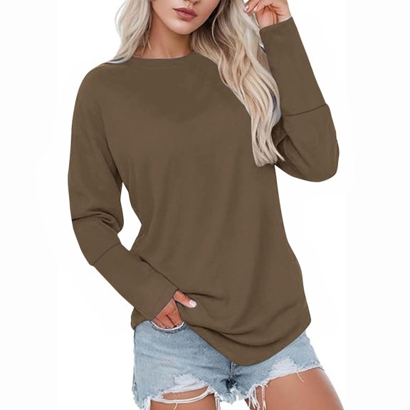 Womens 2025 Fashion Casual Long Sleeve Sweatshirts Solid Color Crewneck Tunic Tops Basic Loose Fit Tee Tops