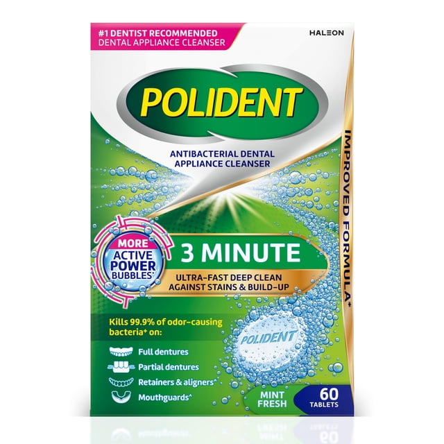 Tabletas limpiadoras para aparatos dentales Polident, 3 minutos, 60 unidades