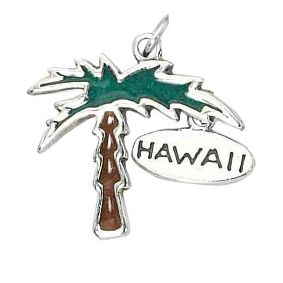 Sterling Silver 16" .8mm Box Chain Palm Tree Enameled Pendant Necklace Hawaii Tag