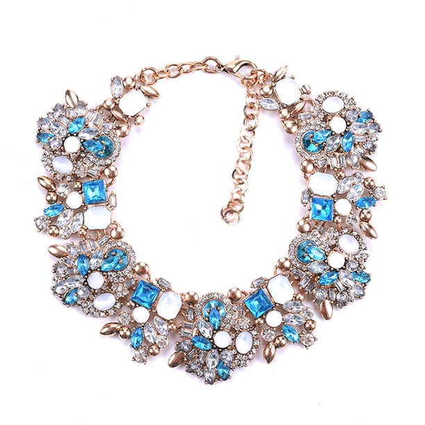 Qarigey Exquisito collar tipo babero con diamantes de imitación indios, Collar grande de lujo con diamantes de imitación para mujer Ropa, zapatos y accesorios Miscelánea Azul cristal