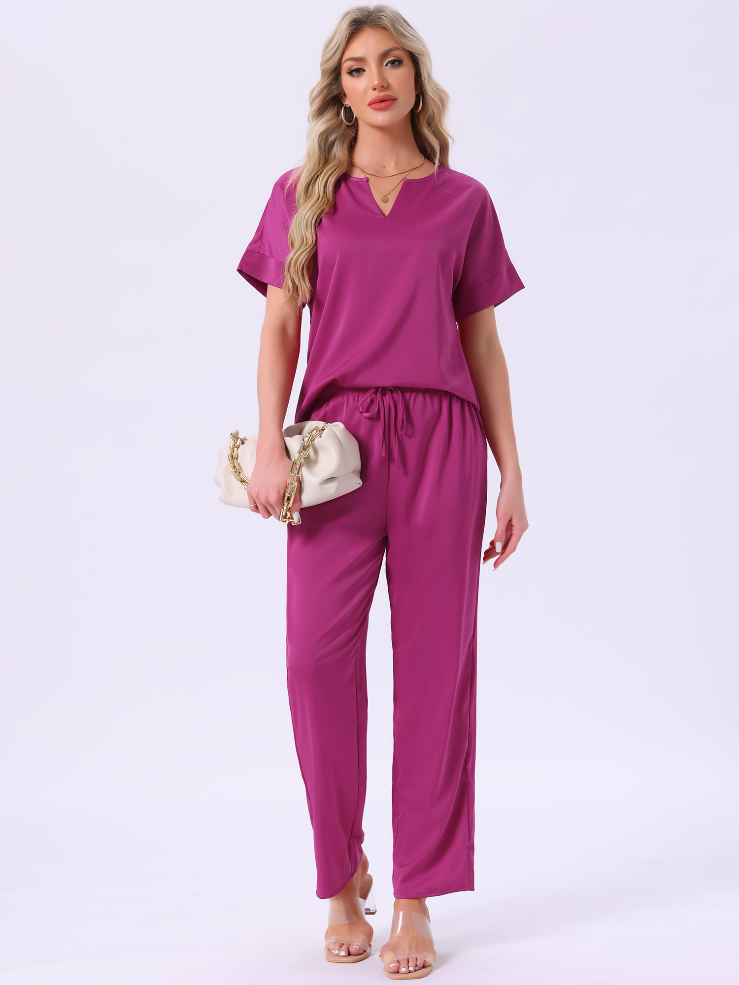 DARING DIVA Satin Pajamas Silky Short Sleeve V Neck Shirt Long Pant Set M Hot Pink