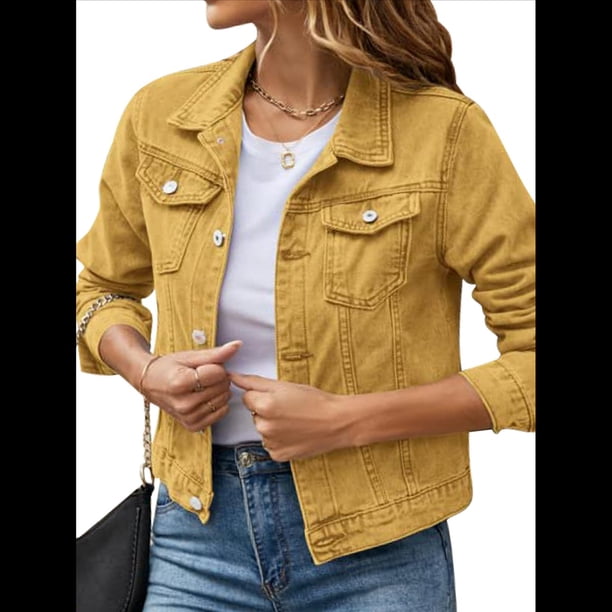 Chaquetas Vaqueras para Mujer, Básicas, de Larga, con Botones, Estilo Corto, A Amarillo L