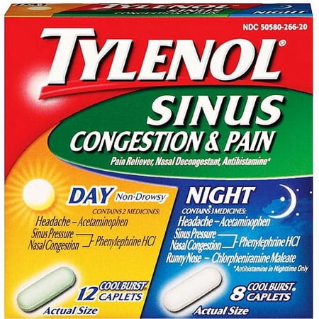 McNeil Tylenol Day/Night Sinus Congestion & Pain Relief Caplets, Cool Burst, 20 ea