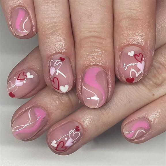 Valentine Press on Nail Almond Fake Nail Glossy Design False Nail Full Cover Artificial Acrylic Nail 24pcs 12Sizes