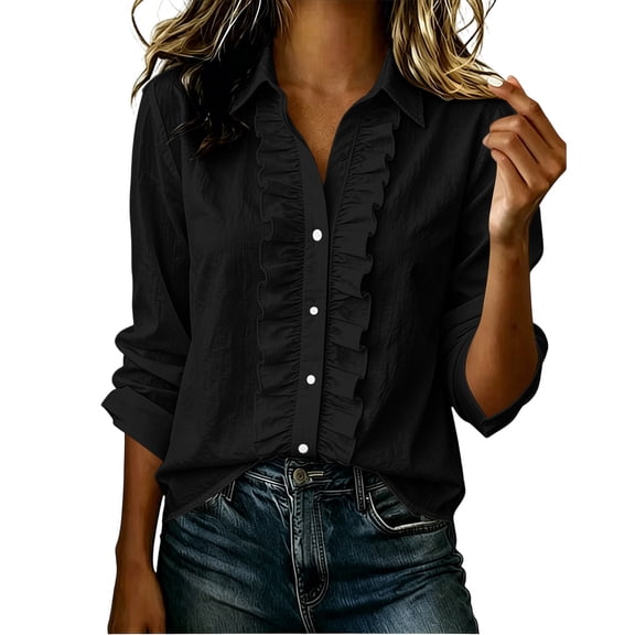 ClodeEU Women's Collared Ruched Front Button Down Shirt,Long Sleeve Casual Office Blouse Black,Women's Plus L