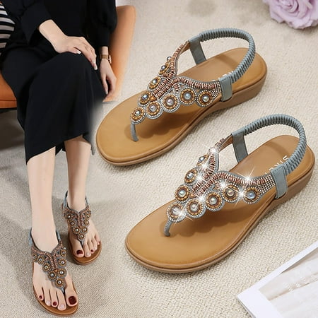 

Yedhsi Thong Toe Rhinestone Slippers Women s Round Head Outer Wear Solid Color Low-heeled Flip-flops Women s Sandals