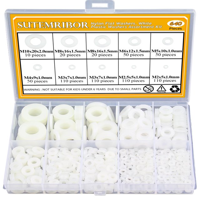 Sutemribor Kit surtido de arandelas de nailon blanco de 640 piezas, 8 tamaños, arandelas métricas y planas (M2-M10)
