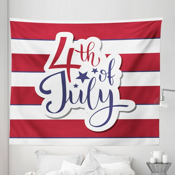 American Flag Design Tapestry, Independence Day for USA Joyful Celebration Lettering, Fabric Wall Hanging Decor for Bedroom Living Room Dorm, 5 Sizes, White Dark Pink Lavender, by Ambesonne