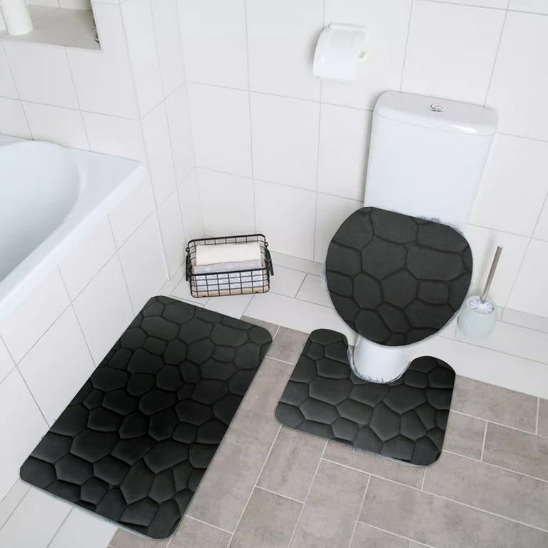 Voss 3 Piece Rock Memory Foam Bathroom Mat Set Flannel Embossed Rug Mat Toilet Lid Cover 19 Bathroom Toilet Mat for Extra Large Bath Mats for Bathroom