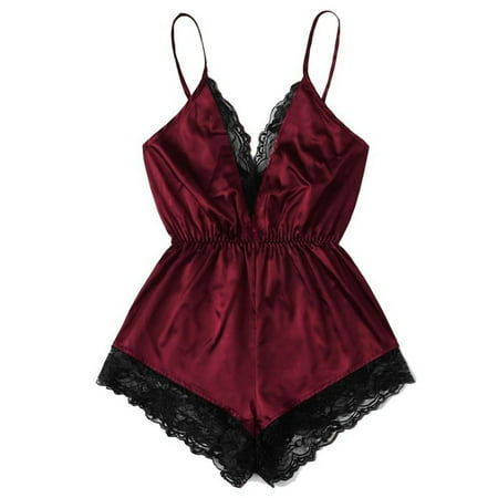 

hirigin Women Sexy Plus Size Lingerie Bodysuit Romper V Neck Teddy Lace Babydoll Satin Pajamas Nightwear