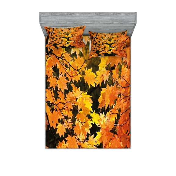 Ambesonne Fall Fitted Sheet & Pillow Sham Set, Vivid Autumn Maple Leaves, Queen, Orange Yellow Brown