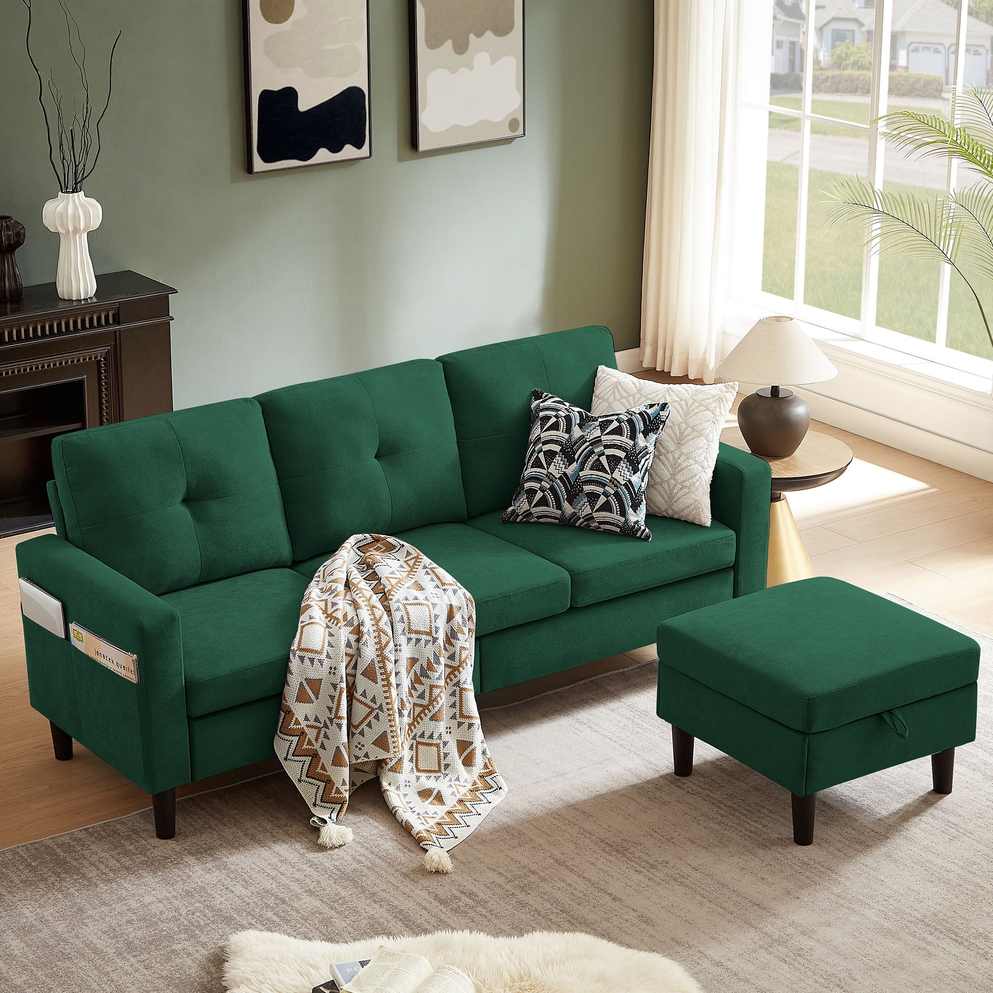 Tornama Linen L Shaped Convertible Sectional Sofa with Reversible Chaise, Green