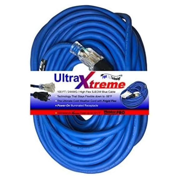 UltraXtreme Hi-Flex All Weather Illuminated Locking/ 100 FT Locking, 14AWG / Extension Cord SJEOW Blue Heavy-Duty Industrial Grade