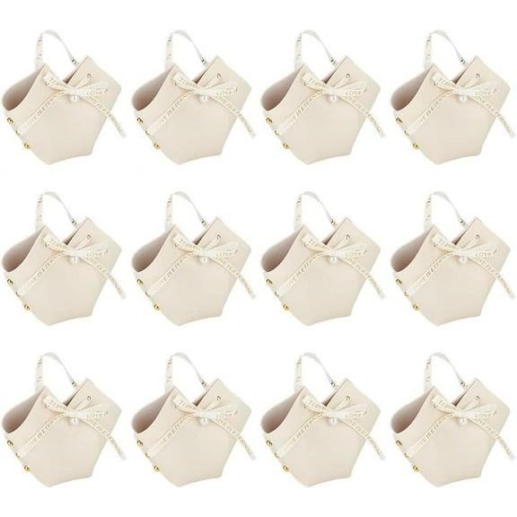 12 Set 12 Pack Leather Bowknot Gift Boxes with Ribbon 2.7x2.1x5.1 inch Beige Heart Shape PU Leather Mini Handbag Candy Gift Box Reusable Party Favor Boxes for Wedding Birthday Valentines's Day