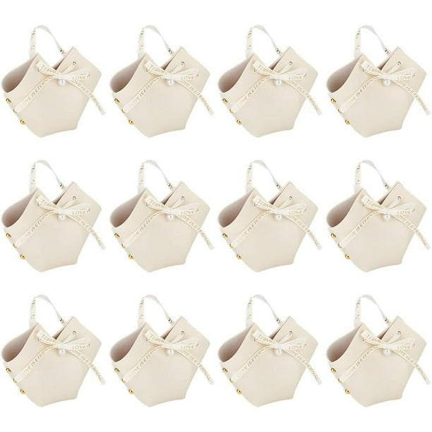 Paquete de 12 cajas de regalo de cuero con lazo y cinta, de 7 x 5 x 13 cm, en forma de corazón beige, de cuero sintético, para dulces, reutilizables, para fiestas.