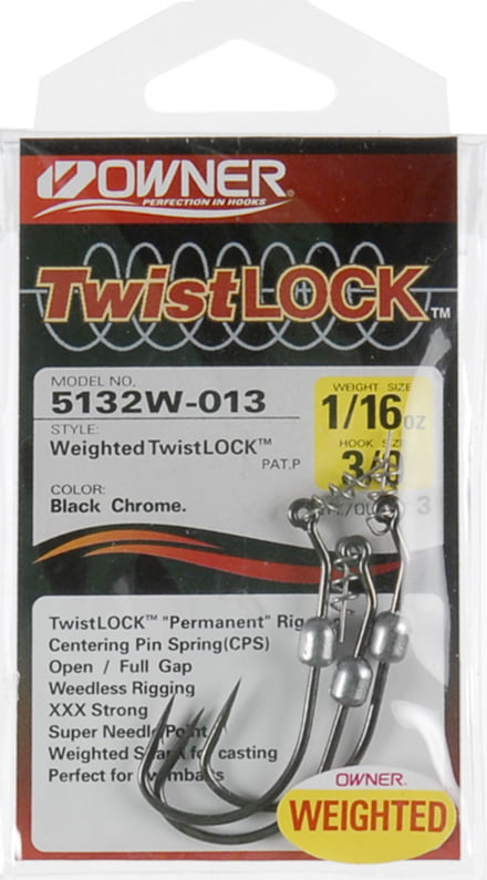 Owner 5132W-013 Black Chrome Weighted TwistLock Size 3/0 Hooks 1/16 oz. 3 Pack 