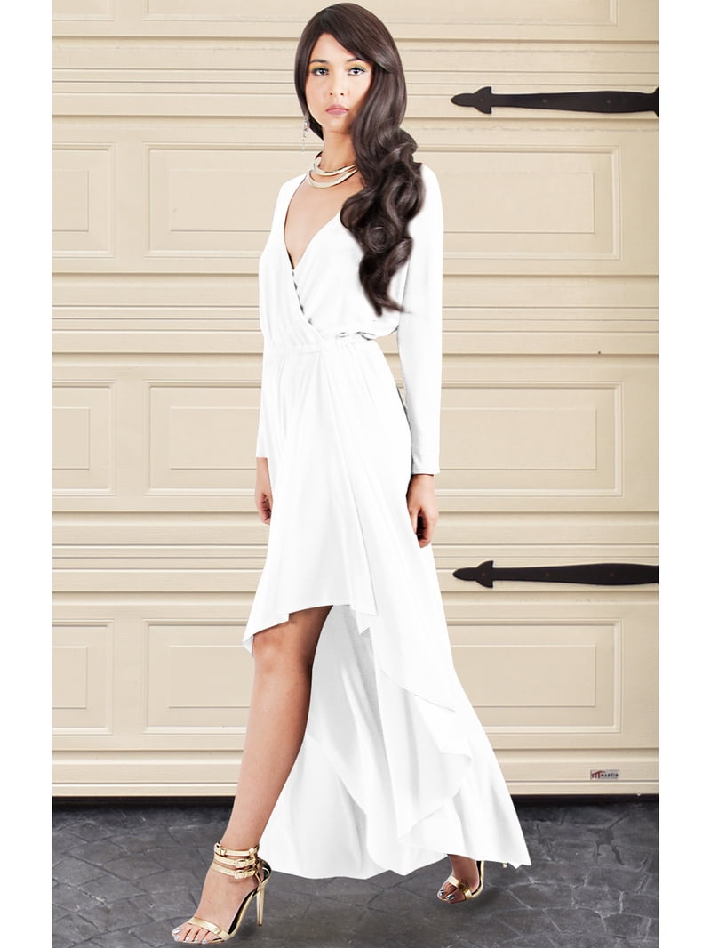 KOH KOH Long Sleeve Asymmetric Slit Fall Winter Evening Flowy Empire Waist  Full Floor Length Cocktail Formal V-Neck Tall Maxi Dress Gown For Women  Ivory White XXXX-Large US 26-28 NT060