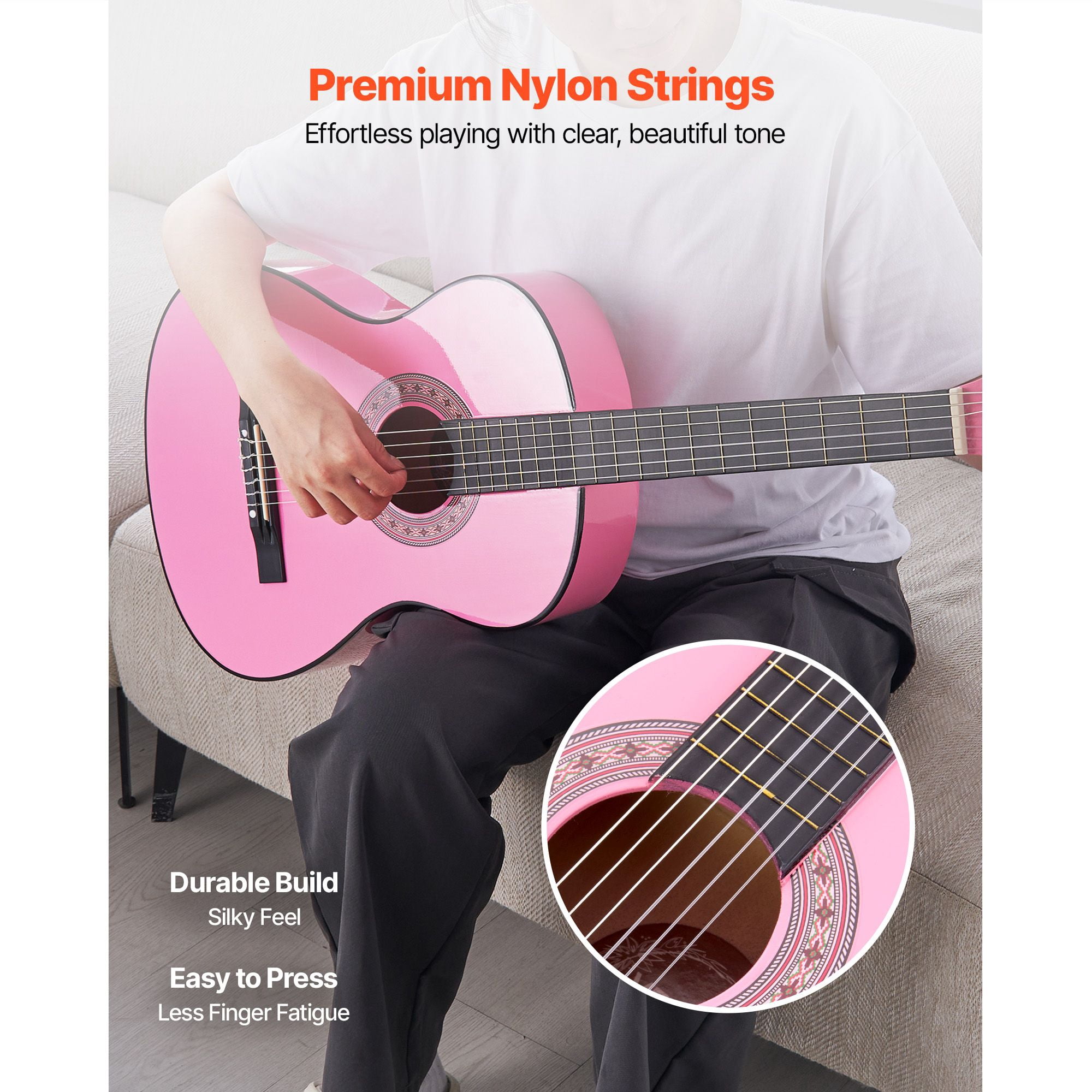 38" Classical Guitar Starter Kit for Beginners, Nylon Strings, Includes Gig Bag, Tuner, Capo, Strap & Picks, Basswood, for Teens Adults, Pink