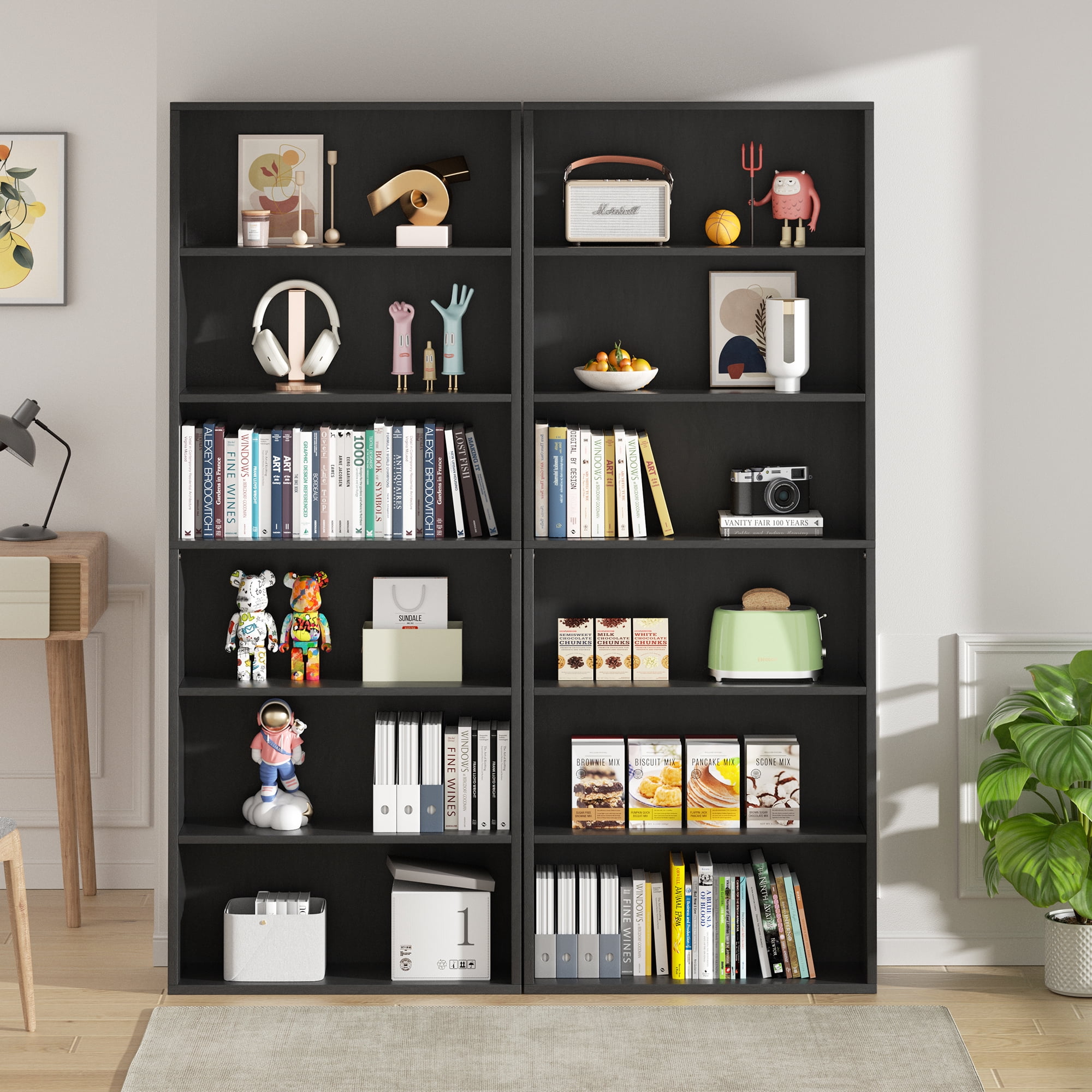 Walsunny 6 Tier Bookshelves Set of 2 Standard Wooden Bookcases Display Shelves with Storage Anti-tipping Device for Home Office Living Room Black