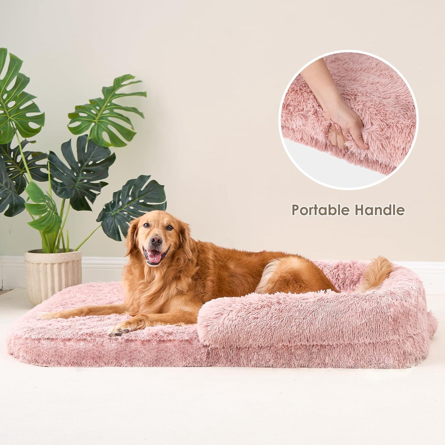 Foldable XXL Dog Bed, Faux Fur Fluffy Dog Bed for Extra Large Dogs, Orthopedic Calming Memory Foam Big Dog Couch Bed, Washable Soft Warm Dog Sofa Bed with Non-Slip Bottom, Pink, 54"x38"x7.5"